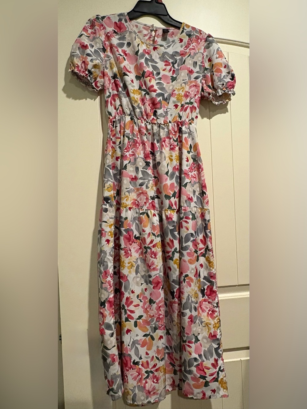 SHEIN Pink Gray and Yellow Floral Tiered Dress